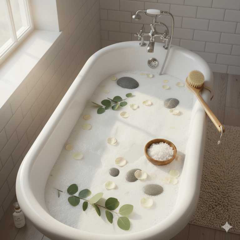 Basisches Badewanne mit Wasser voller basischem Badepulver