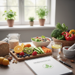 Tisch mit Gemüse und einem Ernährungsplan